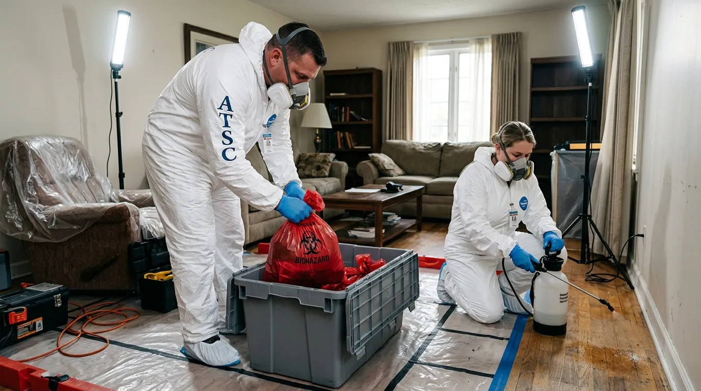 Professional Biohazard Cleanup technician in full PPE working in Red Bank